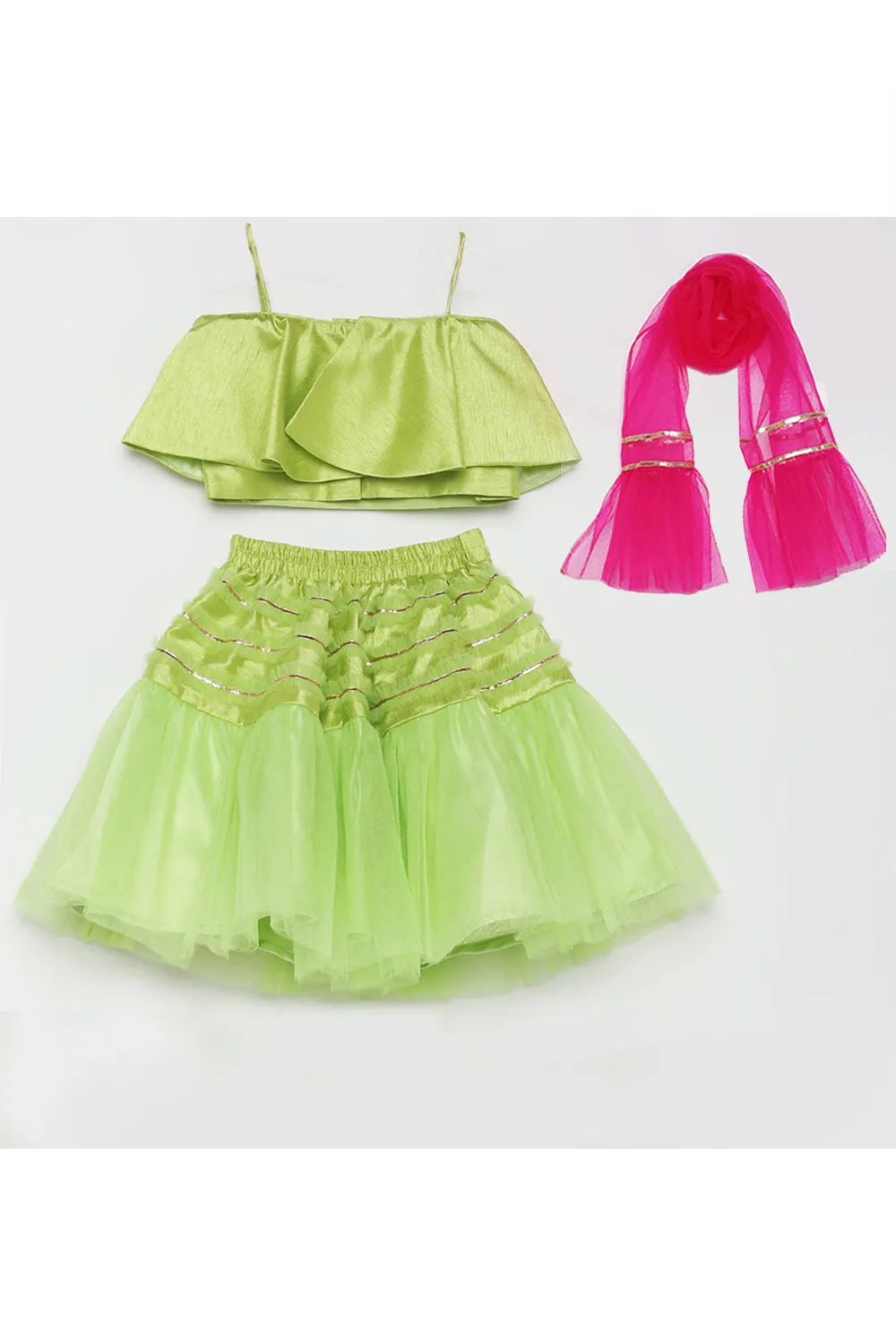 Green Sequins Work Choli With Ruffled Lehenga and Pink Dupatta