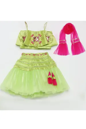 Green Sequins Work Choli With Ruffled Lehenga and Pink Dupatta