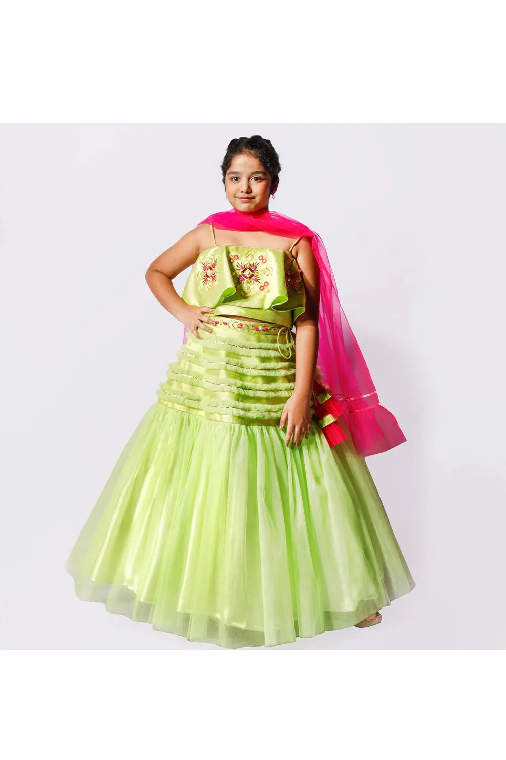 Green Sequins Work Choli With Ruffled Lehenga and Pink Dupatta