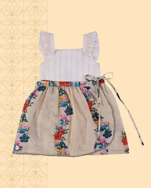 Gulzar - Chanderi Floral Printed Infant Onesie with Detachable Lehenga Skirt and Matching Clips