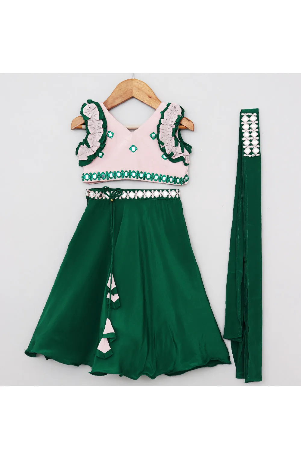 Hand Mirror Work Crepe Top With Lehenga Set