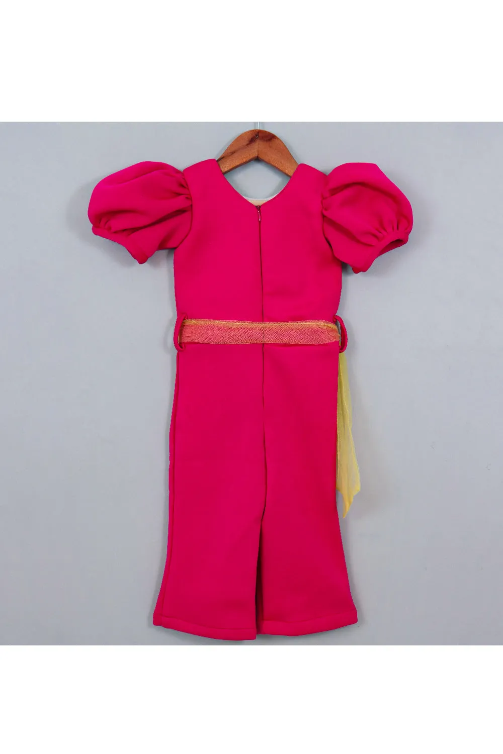 Hot Pink Makeup Embroidered Puff Sleeves Jumpsuit