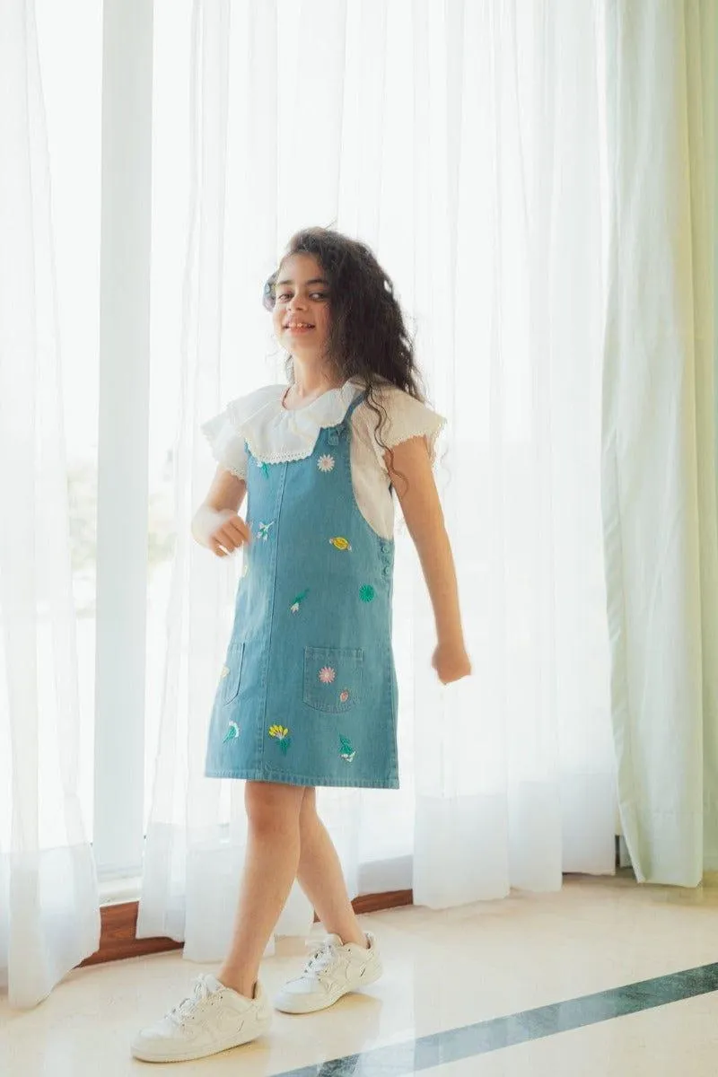 Hummingbirds - Embroidered Denim Pinafore Dress