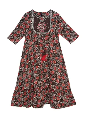 Ishin Girls Brown Floral Embroidered Tiered Dress