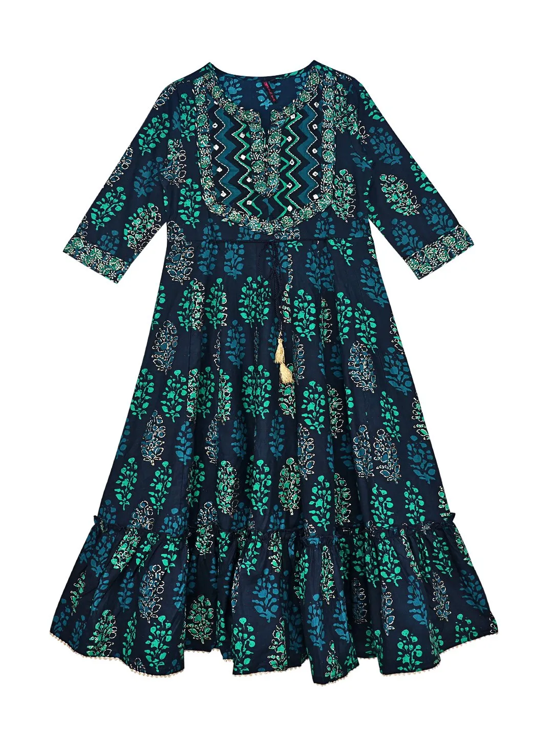 Ishin Girls Green Foil Printed Fit & Flare Dress