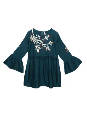 Ishin Girls Viscose Rayon Teal Embroidered Top