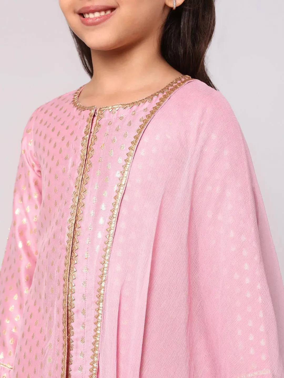 Kids Pink Self Design Chanderi Silk Straight Kurta With Skirt & Dupatta