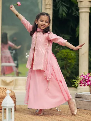 Kids Pink Self Design Chanderi Silk Straight Kurta With Skirt & Dupatta