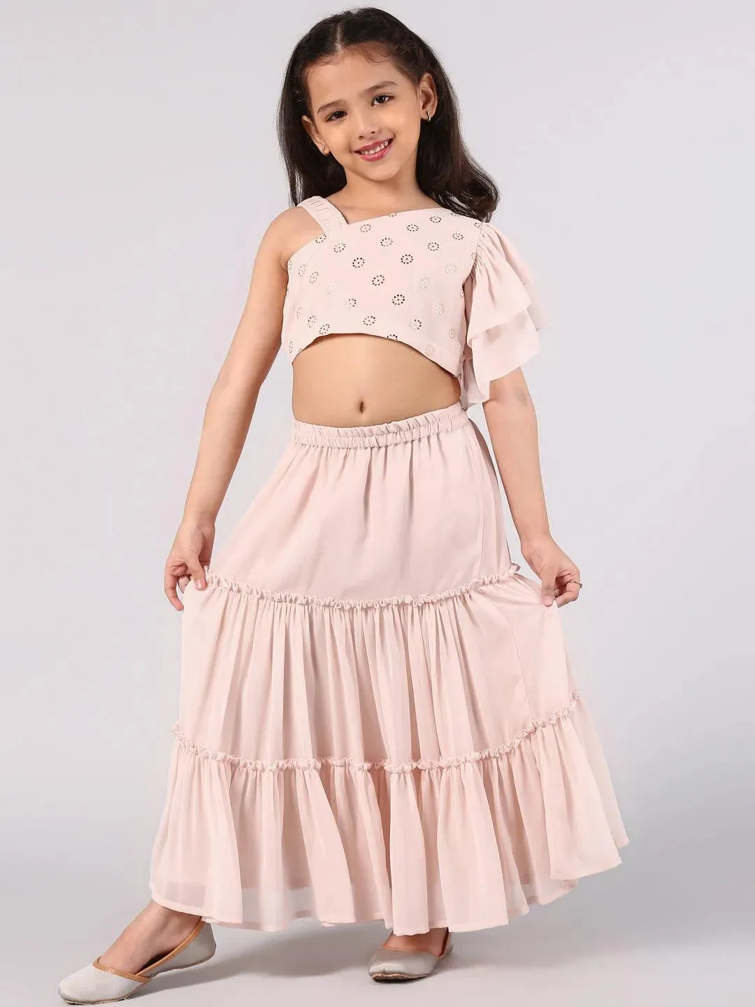 Kids Pink Woven Design Georgette Lehenga Set