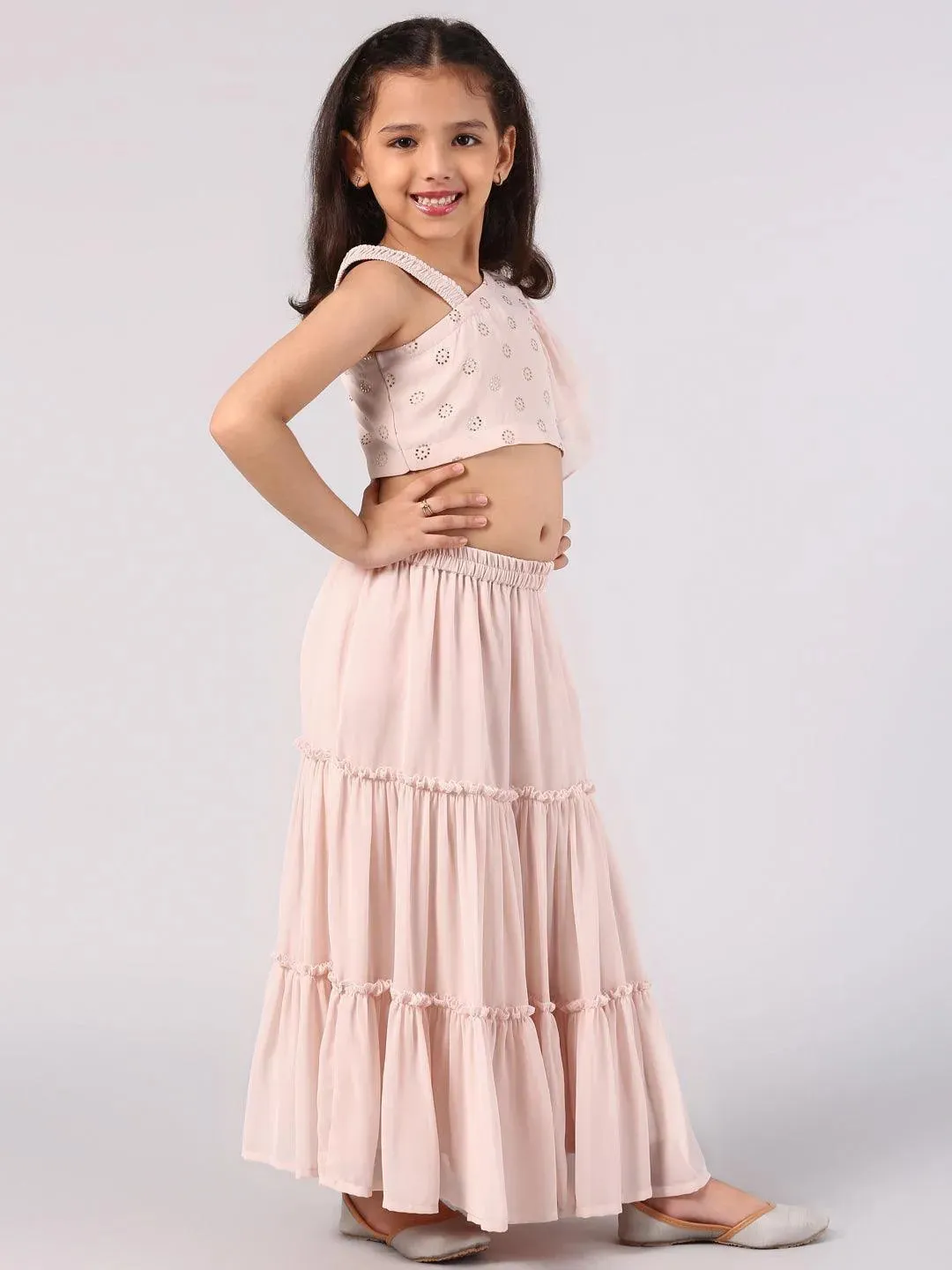 Kids Pink Woven Design Georgette Lehenga Set