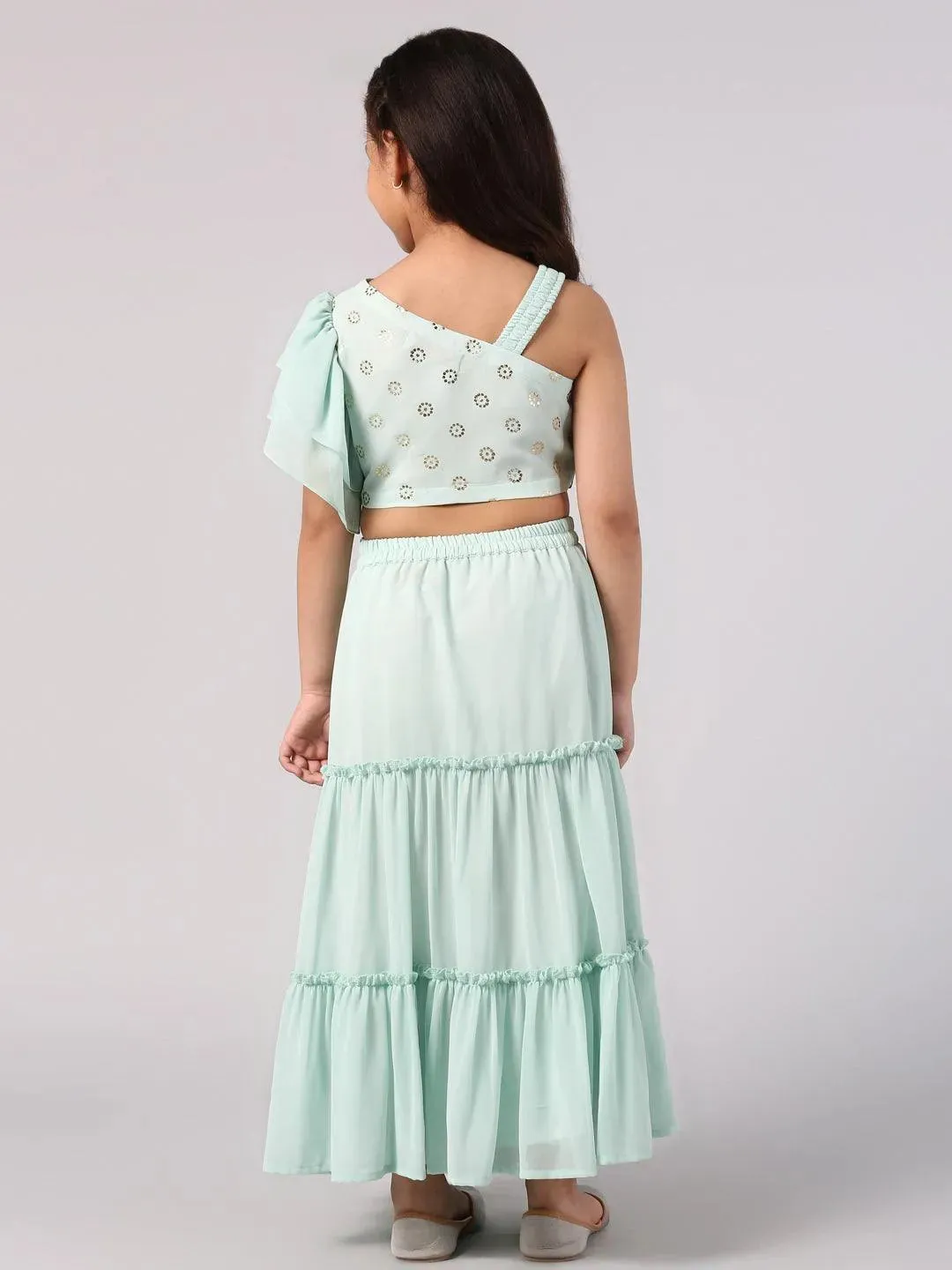 Kids Turquoise Blue Woven Design Georgette Lehenga Set