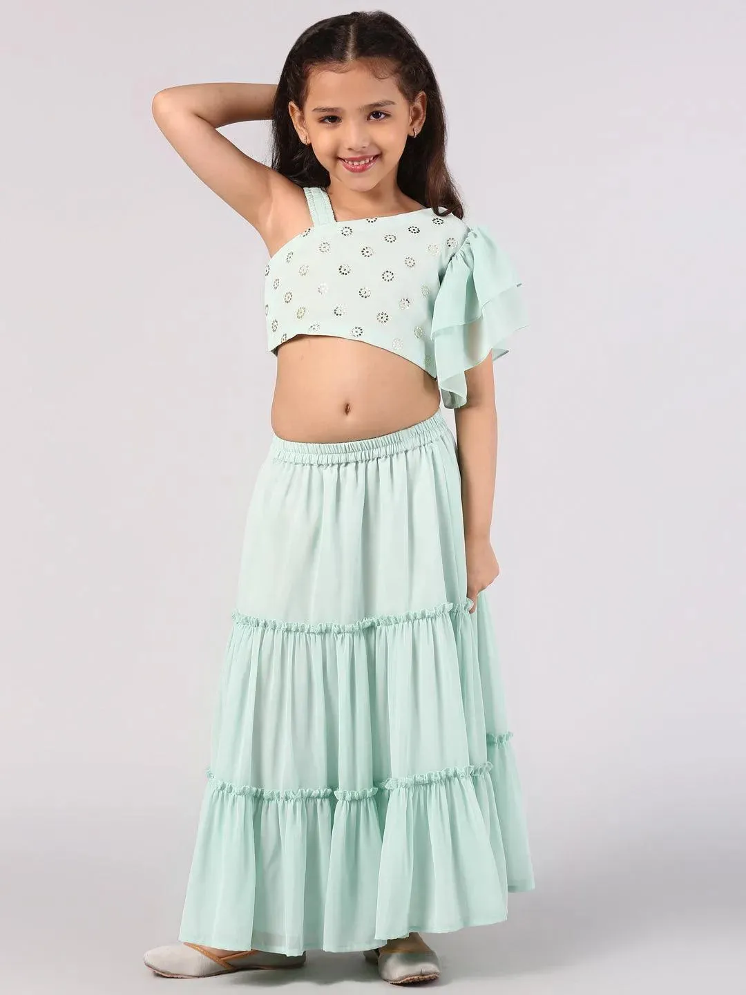 Kids Turquoise Blue Woven Design Georgette Lehenga Set