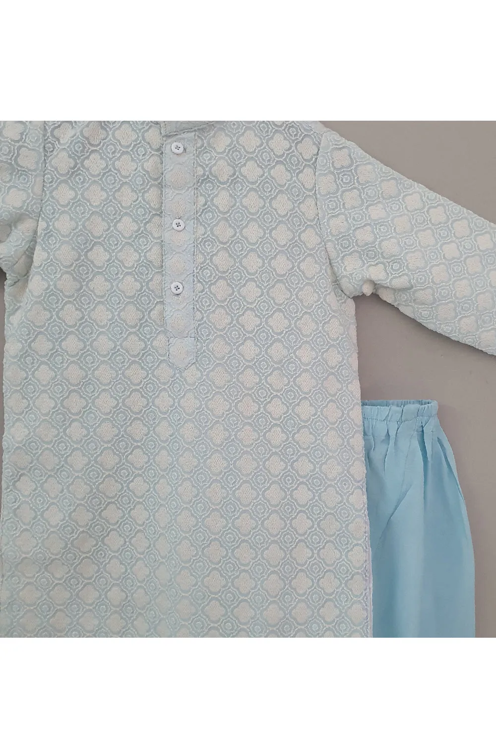 Light Blue Thread Embroidered Cotton Kurta With Pyjama Set