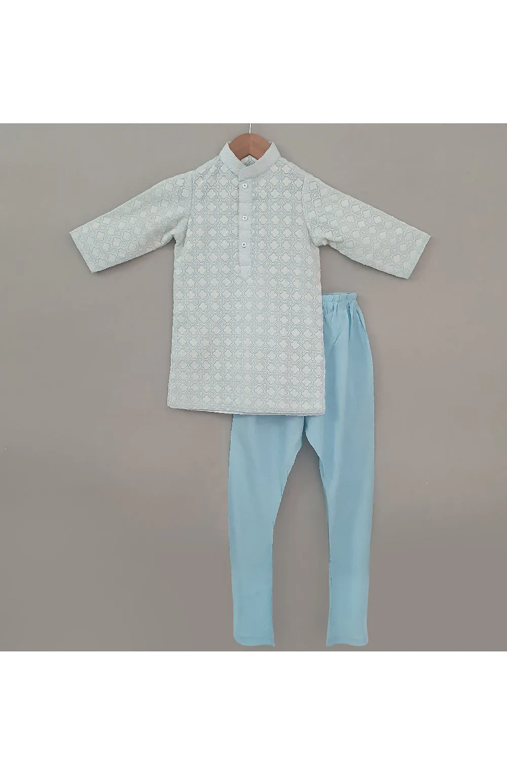 Light Blue Thread Embroidered Cotton Kurta With Pyjama Set