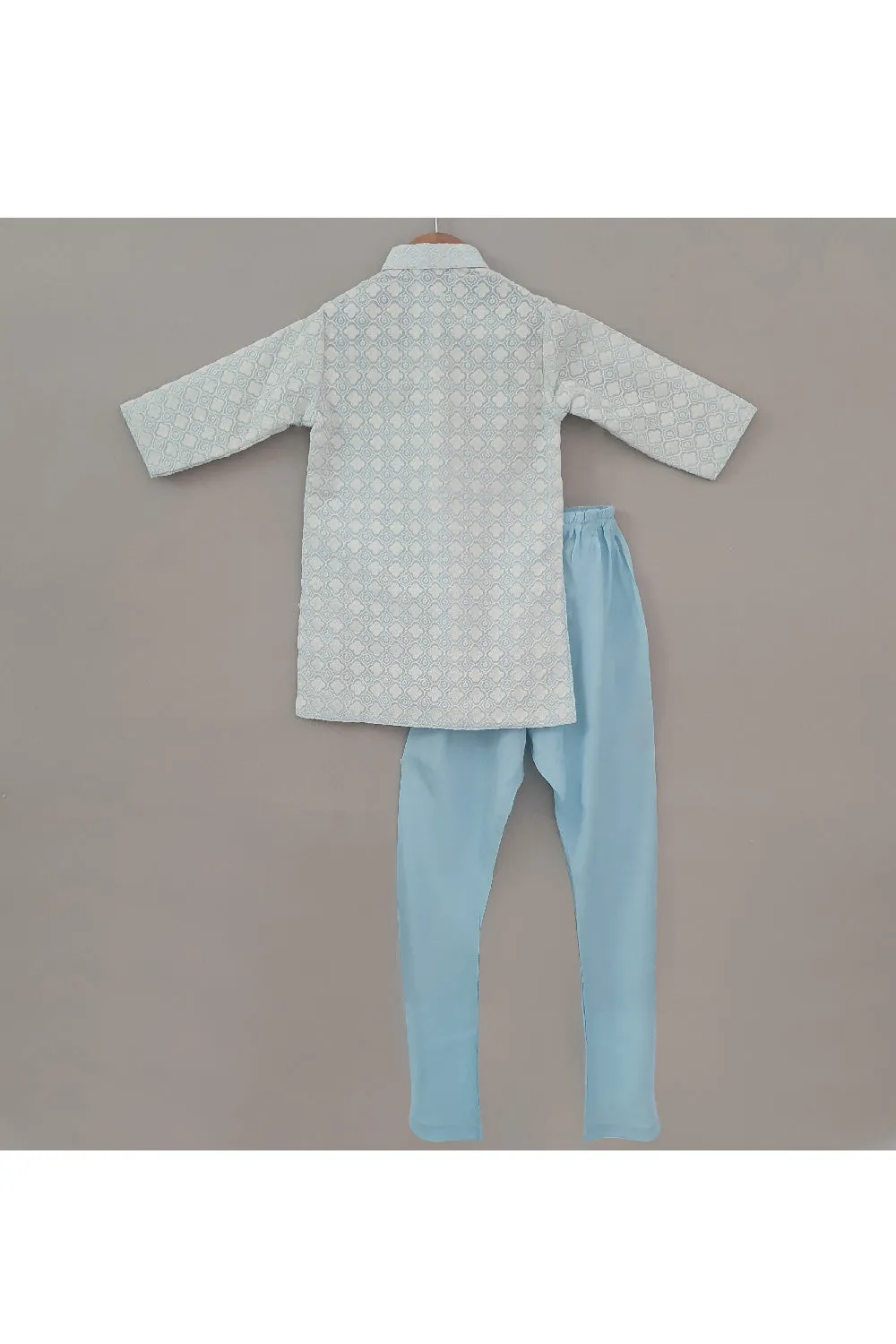 Light Blue Thread Embroidered Cotton Kurta With Pyjama Set