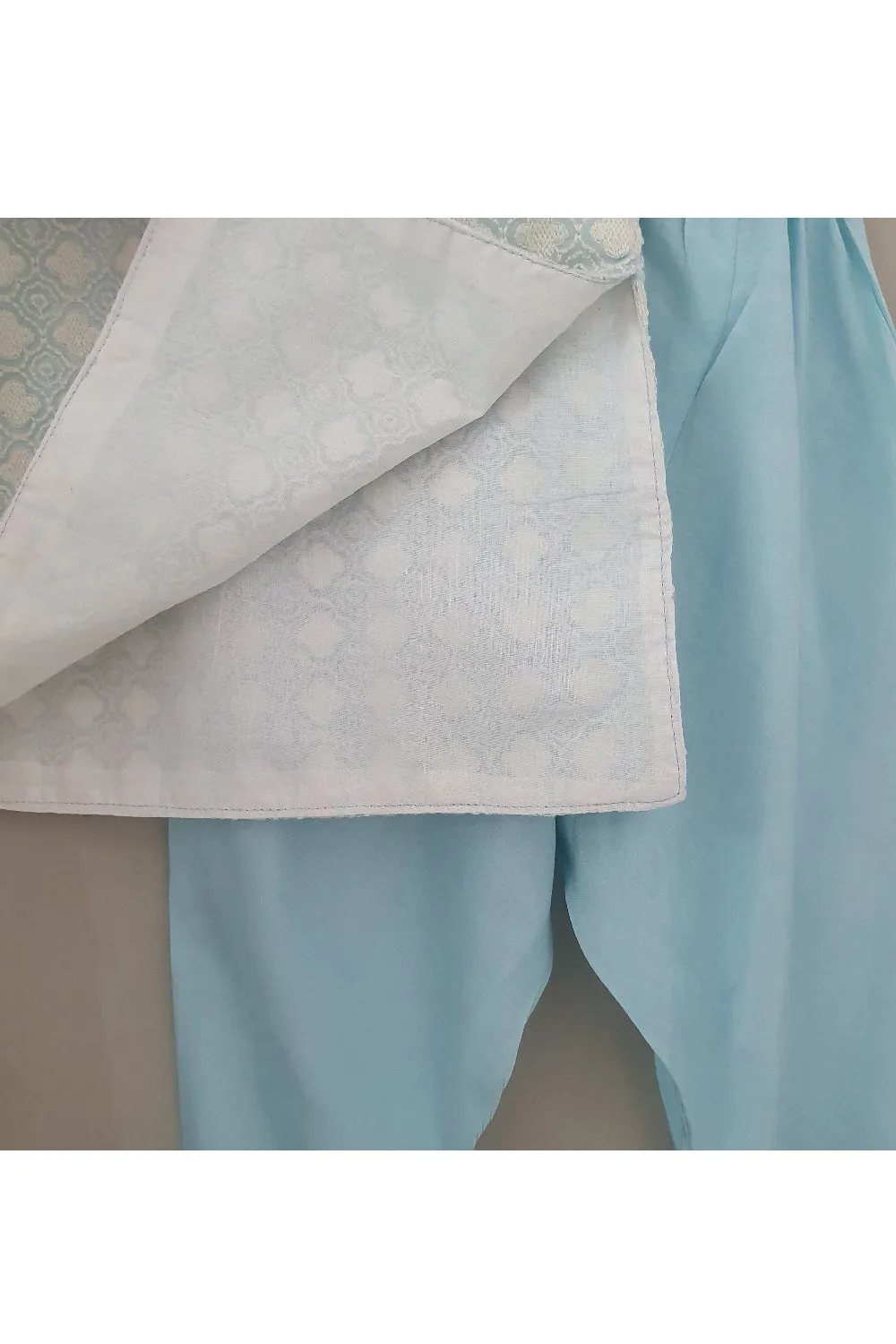 Light Blue Thread Embroidered Cotton Kurta With Pyjama Set