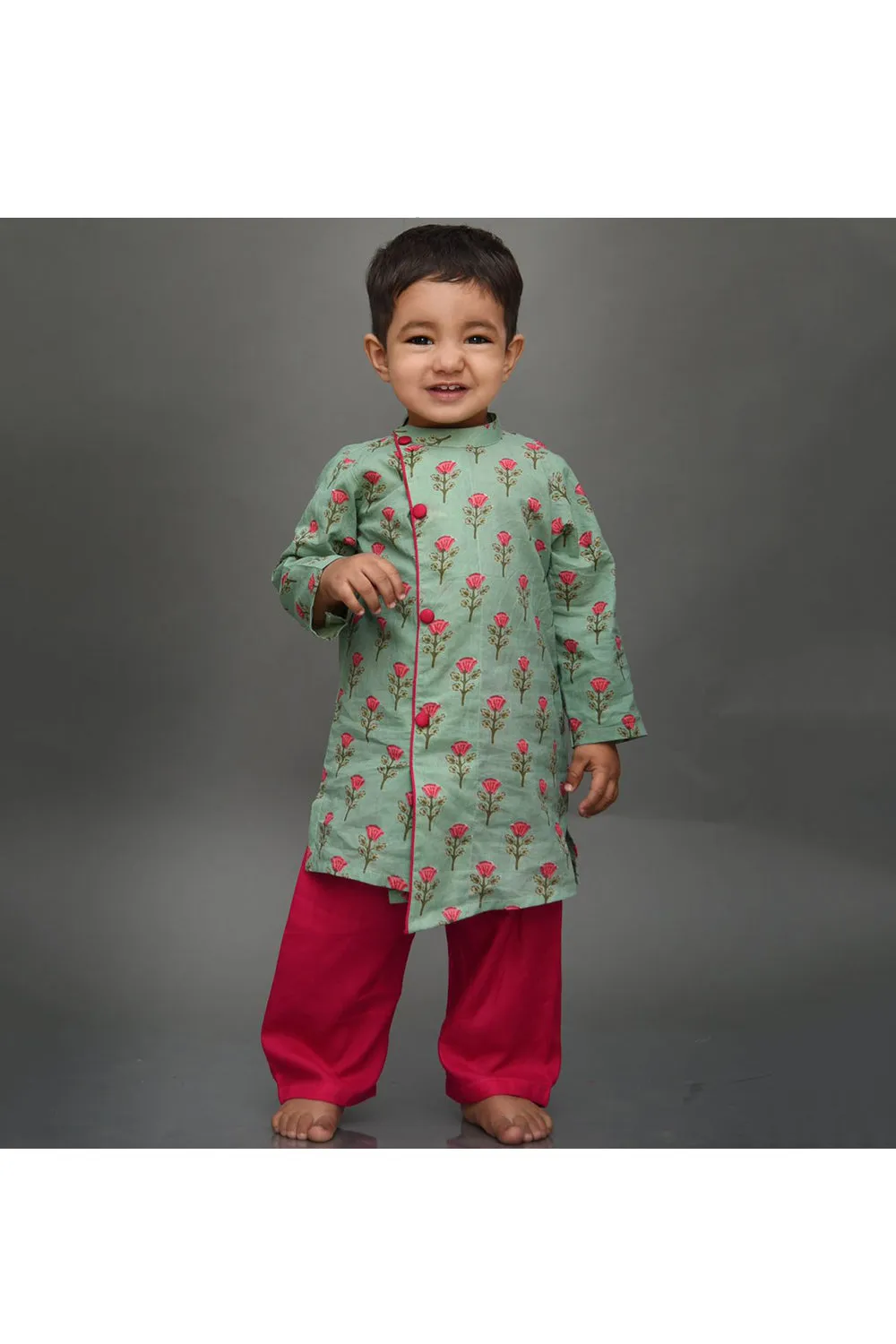 Light green block printed kurta with magenta pyjama