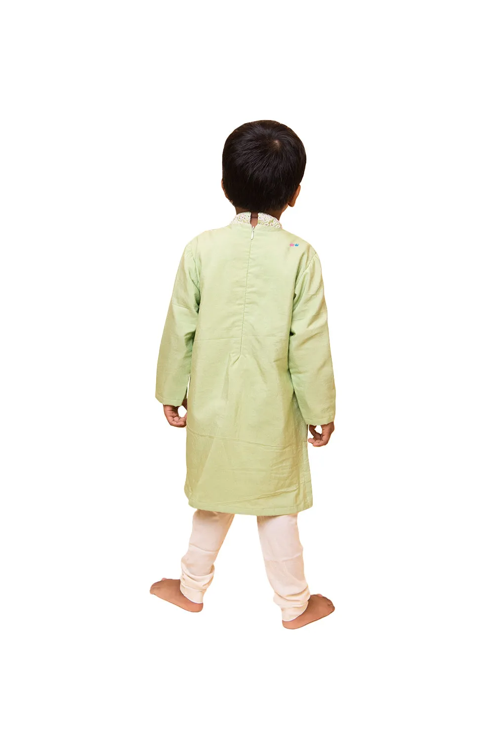 Light green floral embroidered with flap kurta and off white churidar