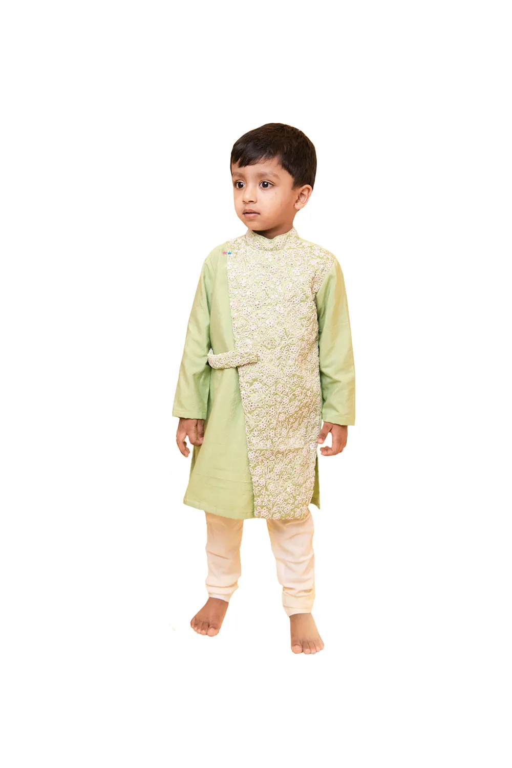 Light green floral embroidered with flap kurta and off white churidar