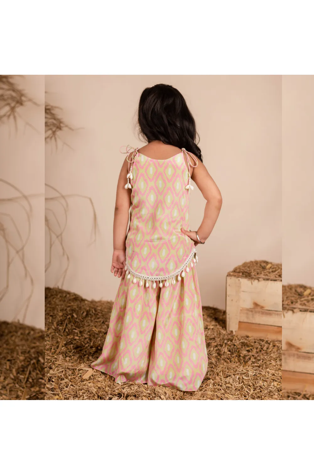 Light Pink Lace Embellished And Ikkat Printed Kurta With Palazzo Set