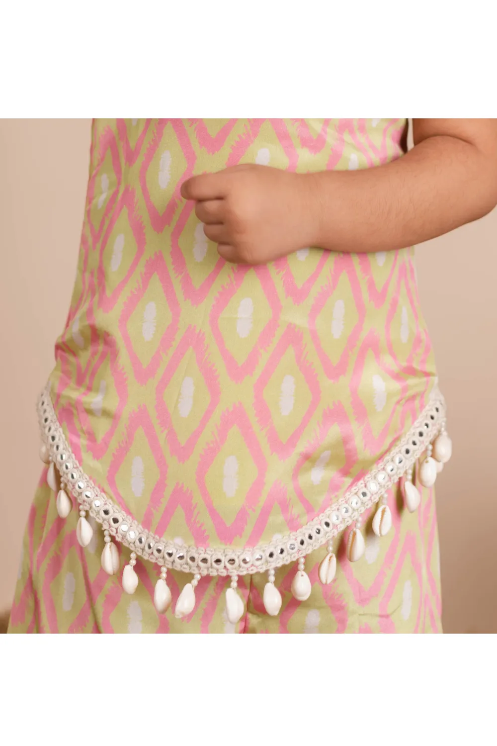 Light Pink Lace Embellished And Ikkat Printed Kurta With Palazzo Set