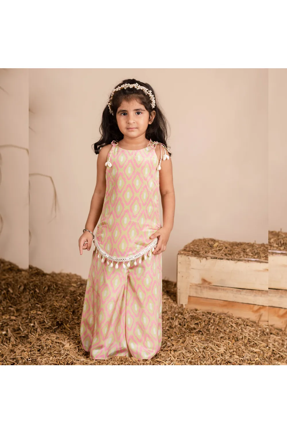 Light Pink Lace Embellished And Ikkat Printed Kurta With Palazzo Set