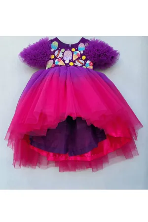 Magenta and blue icecream and candies embroidered high low gown