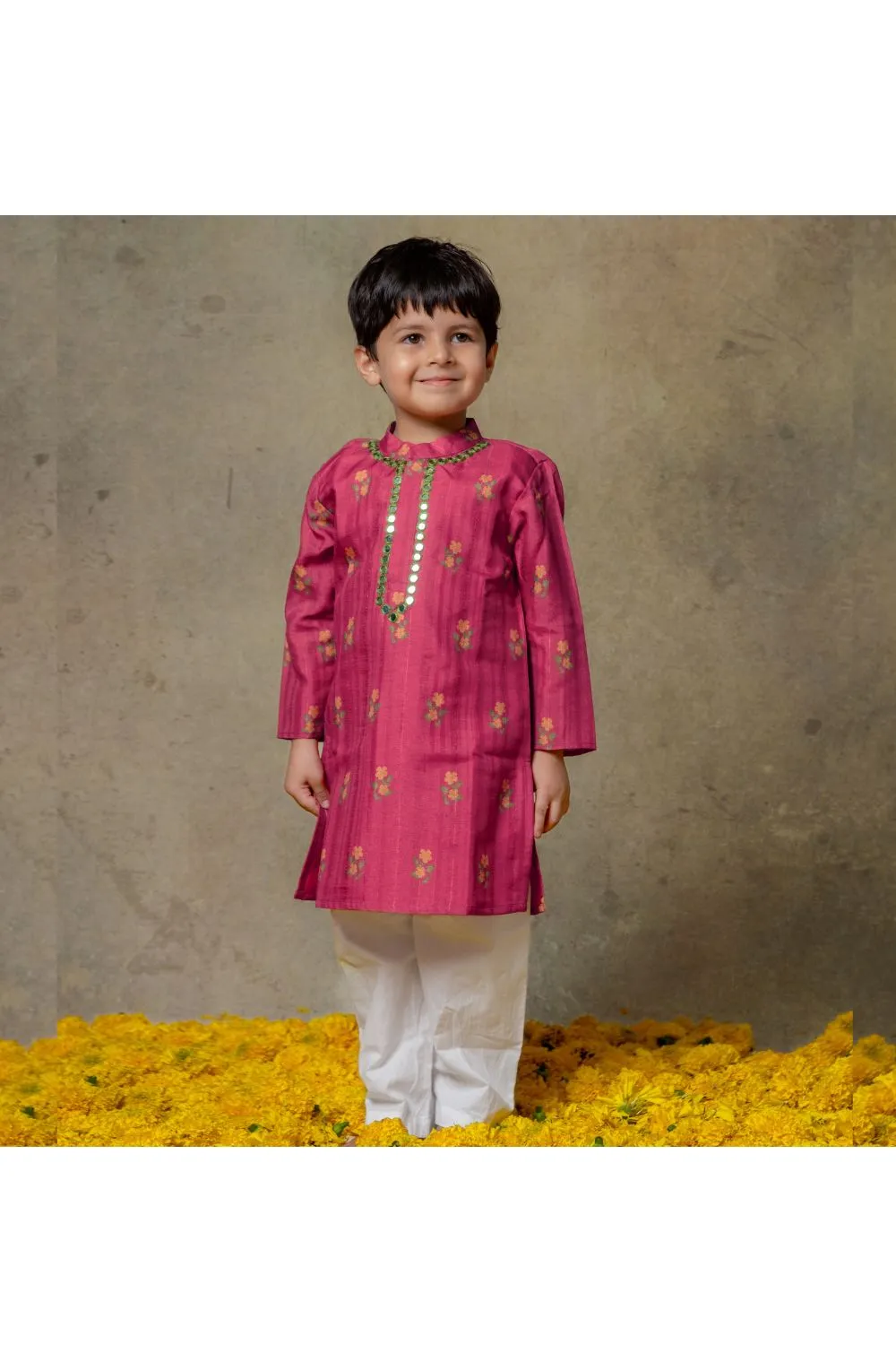 Magenta Pink Floral Printed And Faux Mirror Embroidered Silk Kurta And Pyjama Set