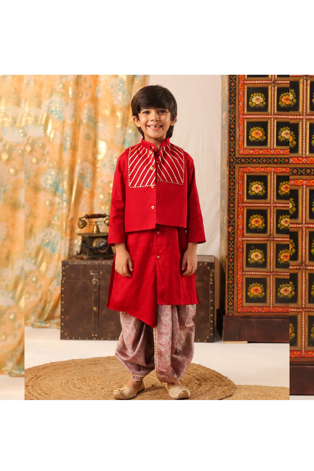 Maroon Asymmetric Kurta And Dhoti With Gota Detailing Jacket Set