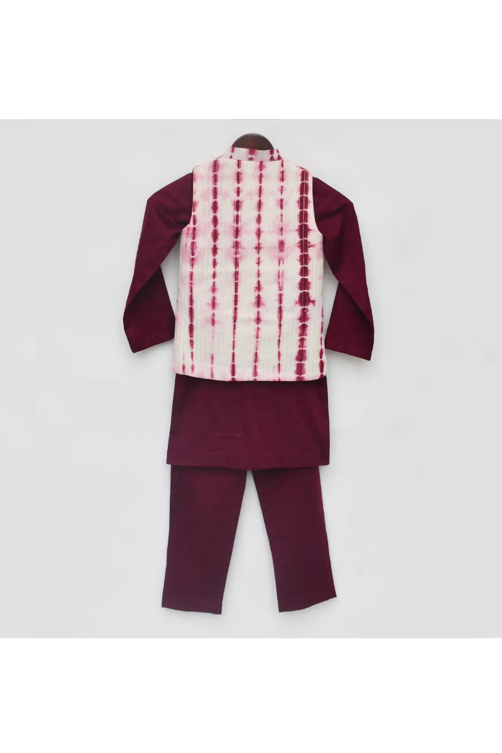 Maroon Cotton Kurta And Pant With Tie n Dye Nehru Jacket Set