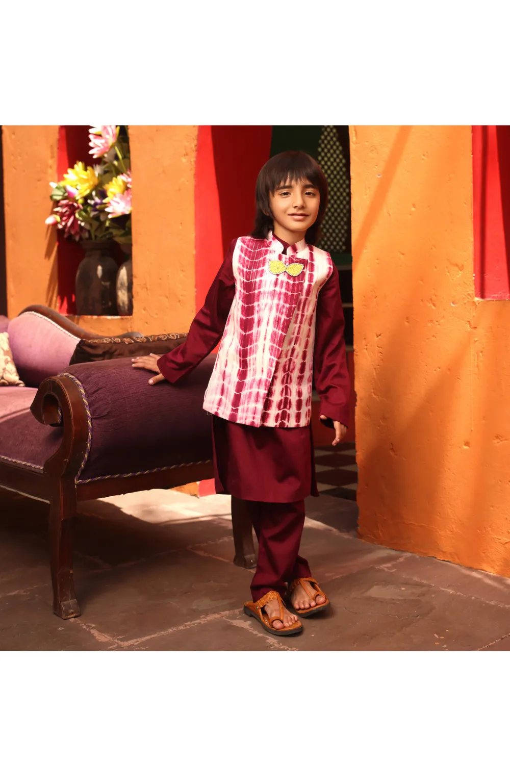 Maroon Cotton Kurta And Pant With Tie n Dye Nehru Jacket Set