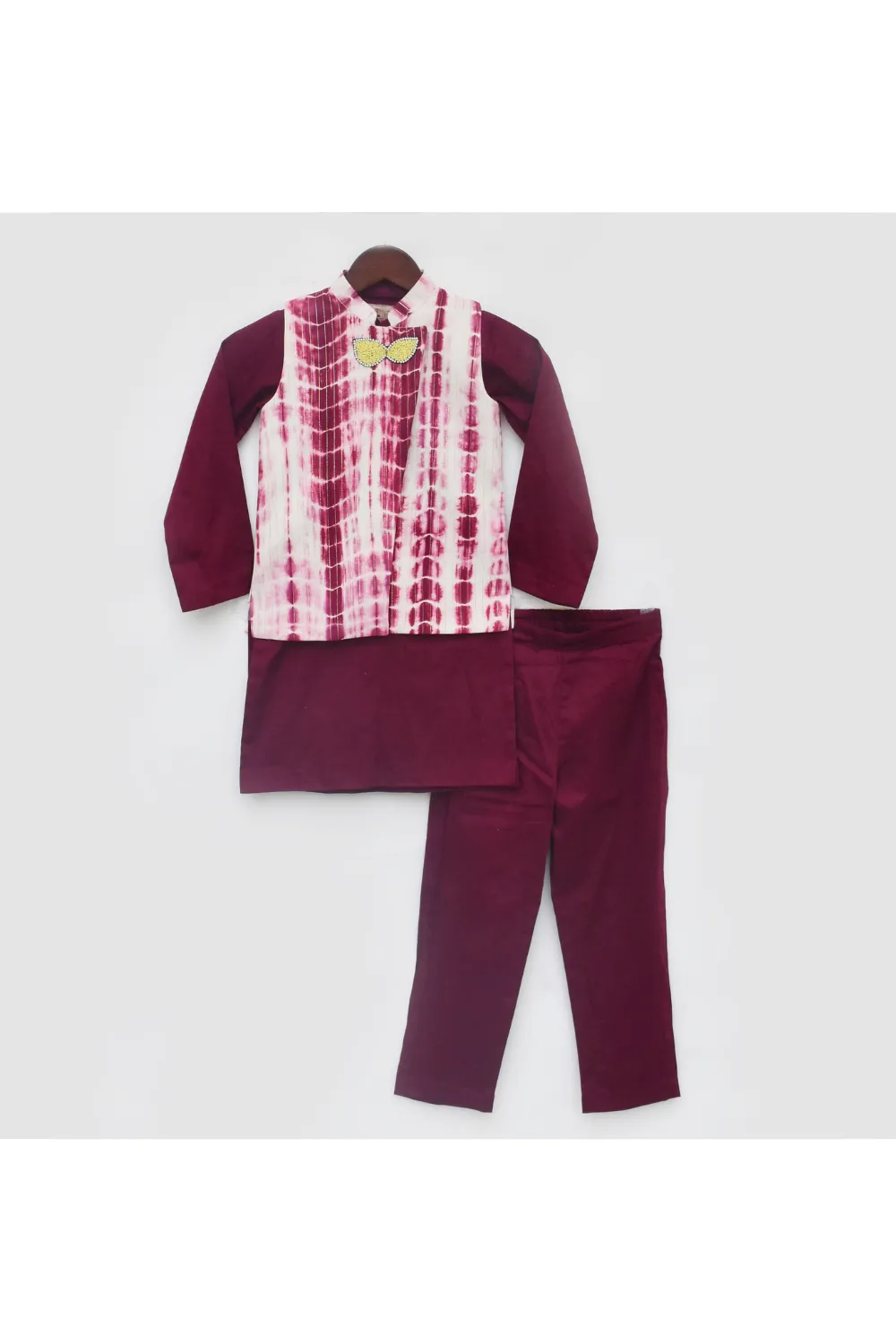 Maroon Cotton Kurta And Pant With Tie n Dye Nehru Jacket Set