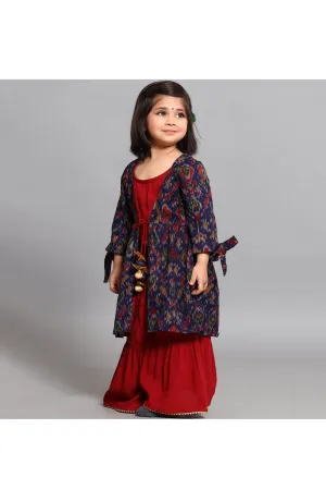 Maroon top and sharara with blue printed cape