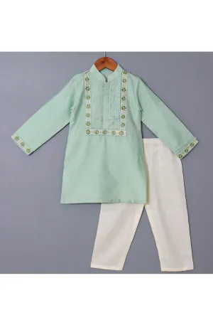 Mint Green Floral Thread Embroidered Cotton Silk Kurta With Pyjama Set