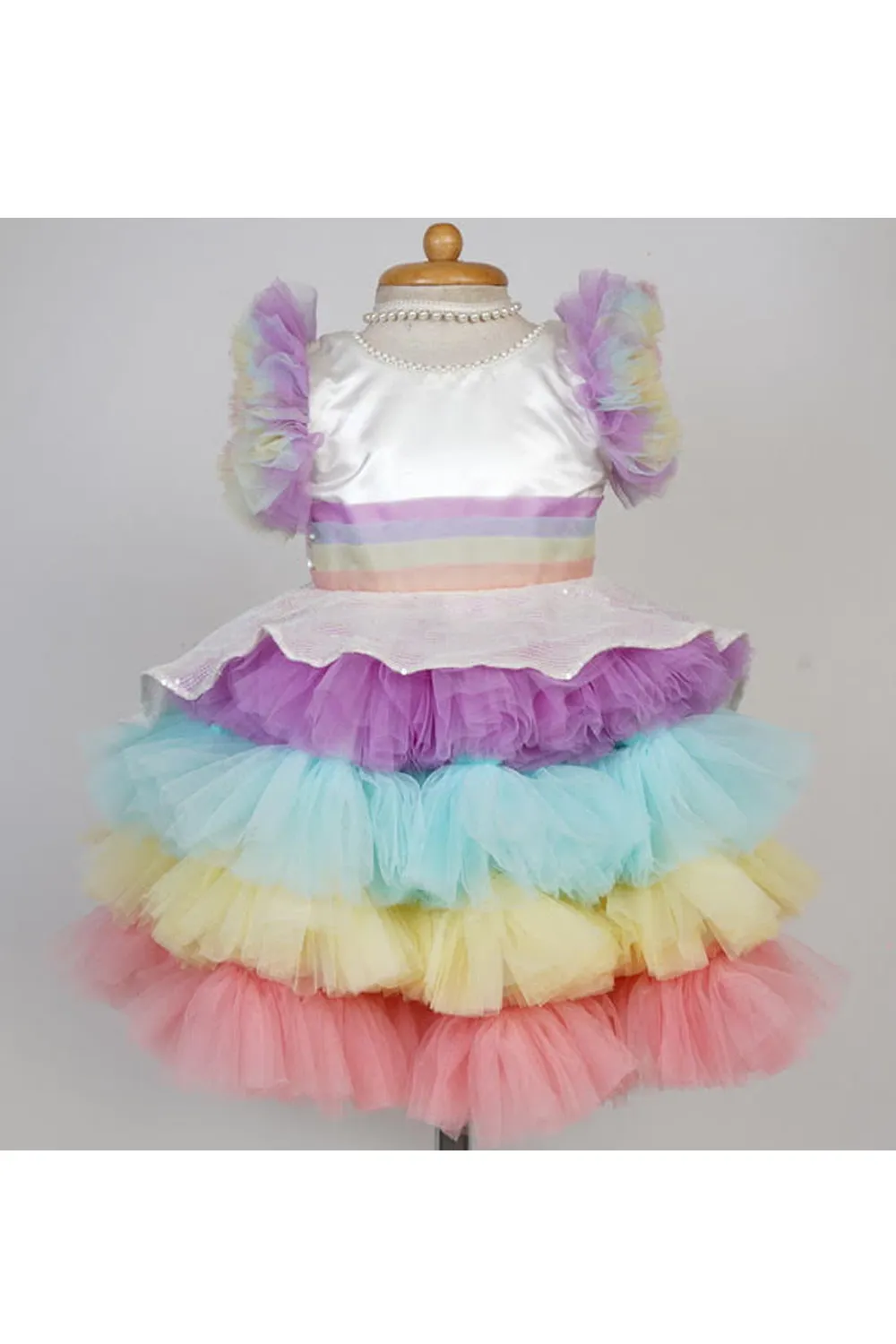 Multicolor net frills dress with ruffle sleeves