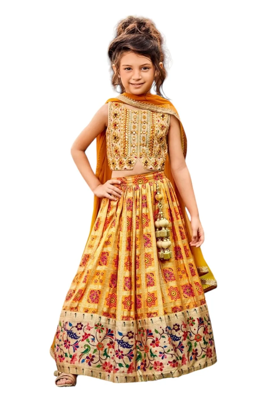 Mustard yellow bandhani kidswear lehenga