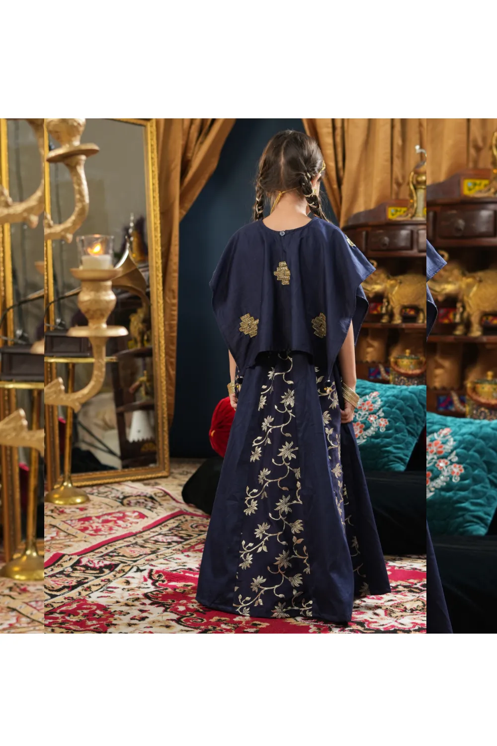 Navy Blue Cutdana And Thread Embroidered Cape Top And Lehenga Set