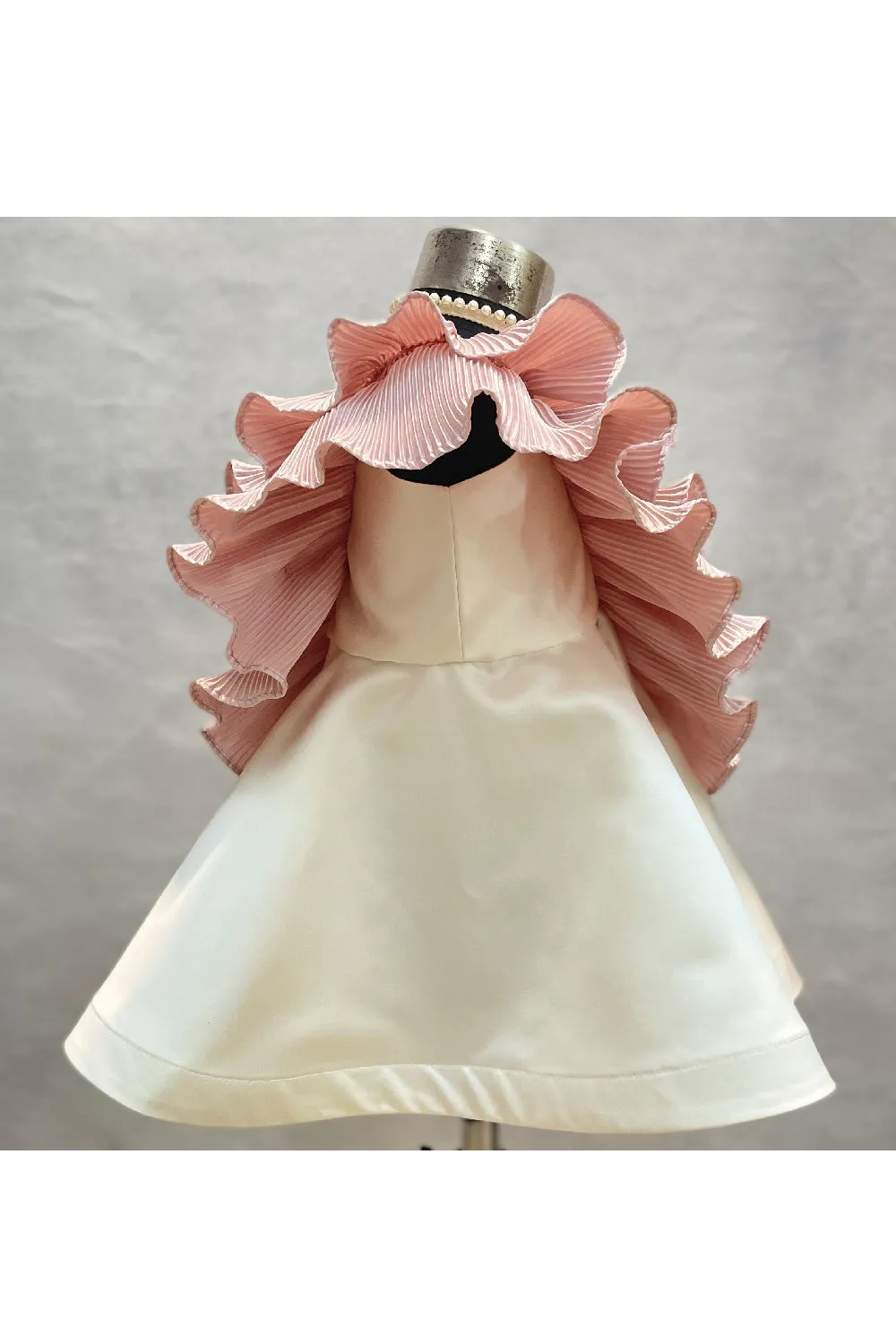 Off White And Coral Pink One Shoulder Dress With Pleated Frills