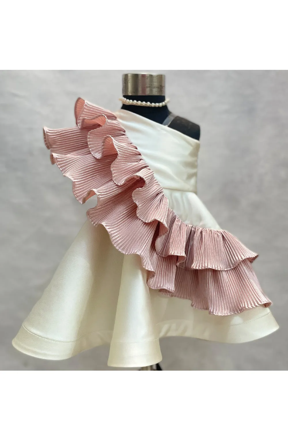 Off White And Coral Pink One Shoulder Dress With Pleated Frills