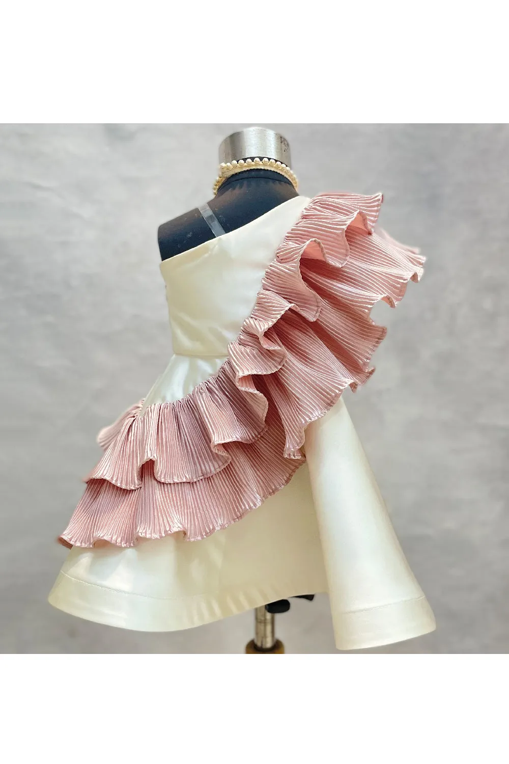 Off White And Coral Pink One Shoulder Dress With Pleated Frills