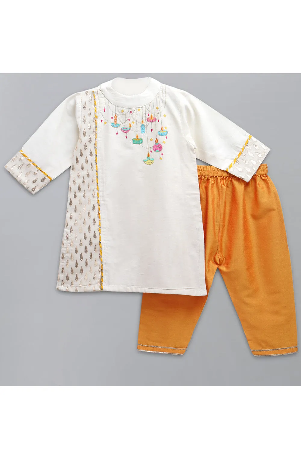 Off White Diya Embroidered Kurta With Orange Pyjama Set