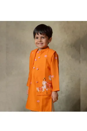 Stylish Orange Cotton Kurta with Exquisite Pichwai Print Jacket Set