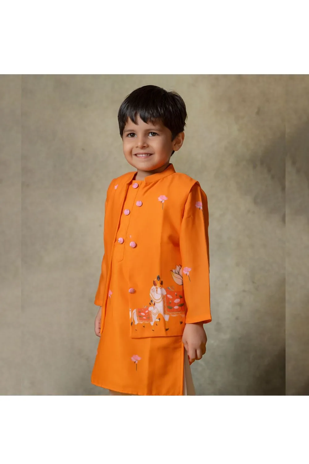 Stylish Orange Cotton Kurta with Exquisite Pichwai Print Jacket Set