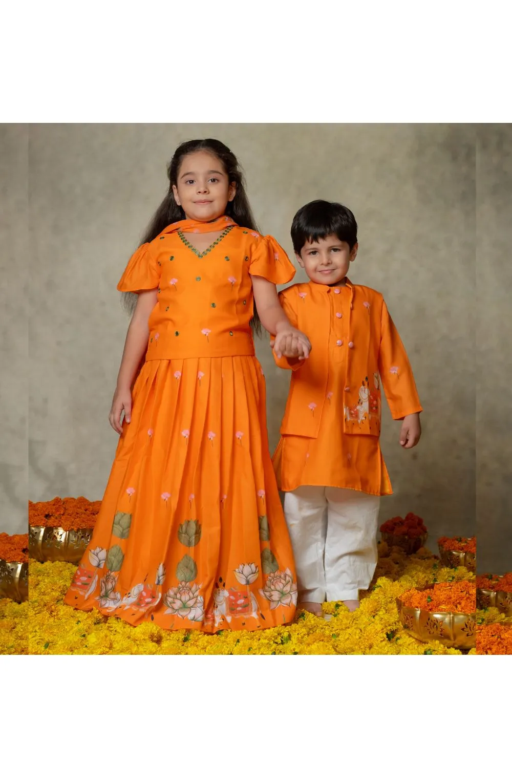 Stylish Orange Cotton Kurta with Exquisite Pichwai Print Jacket Set