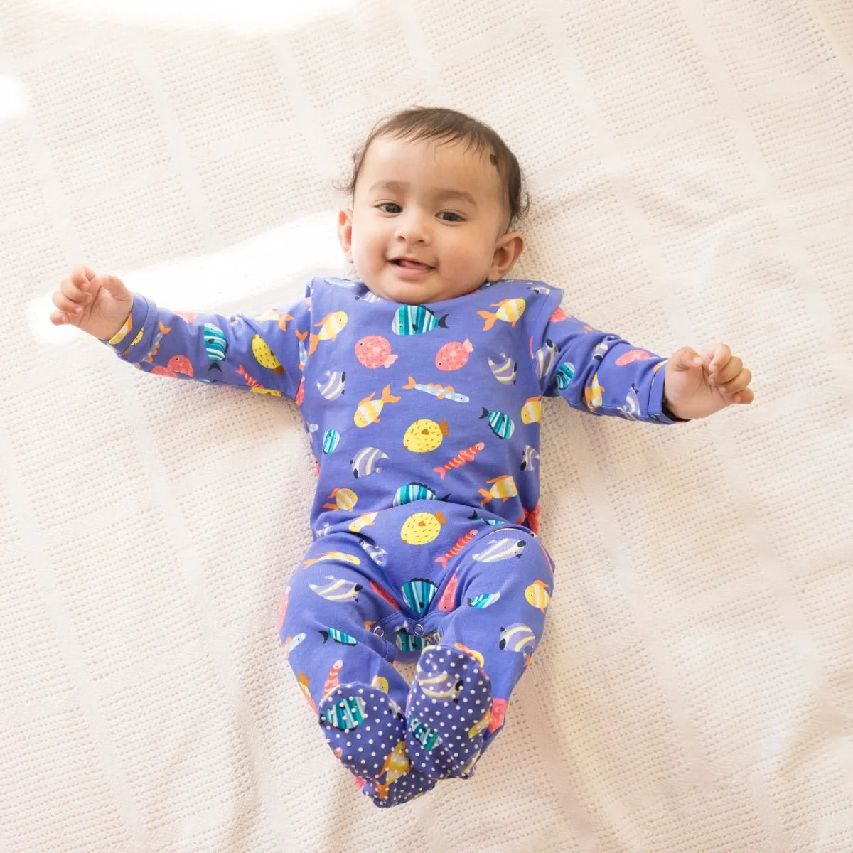 Organic Cotton Sleepsuit with Footsie- Fuzzy Fishes