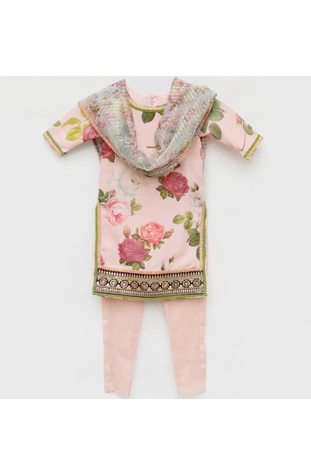 Peach Floral Printed Kurta And Churidar Set