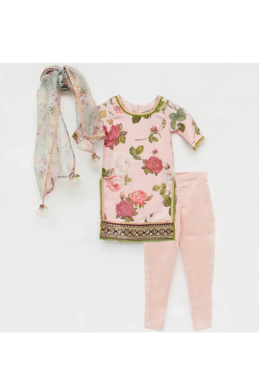 Peach Floral Printed Kurta And Churidar Set