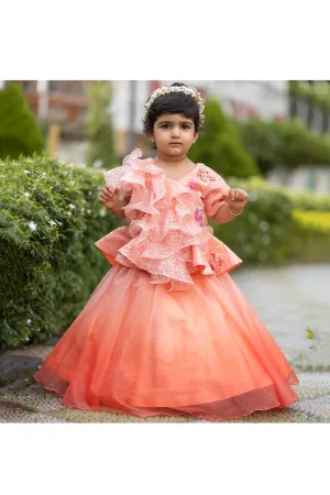 Peach ruffle sequins peplum style top with lehenga