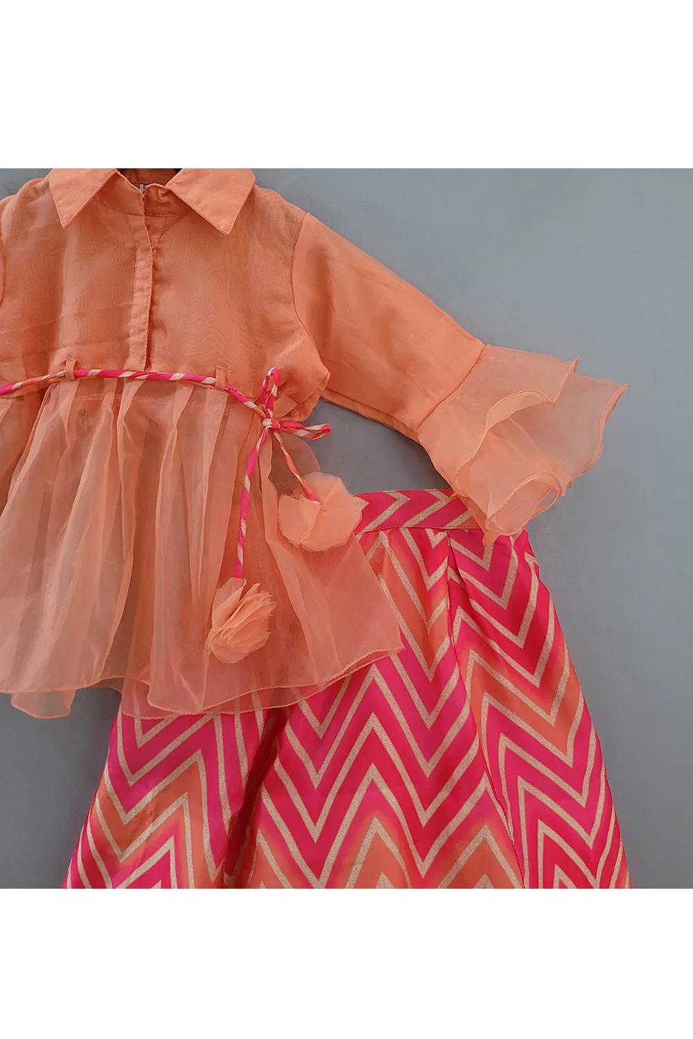 Peach Shirt Style Organza Top With Zigzag Lehenga Set