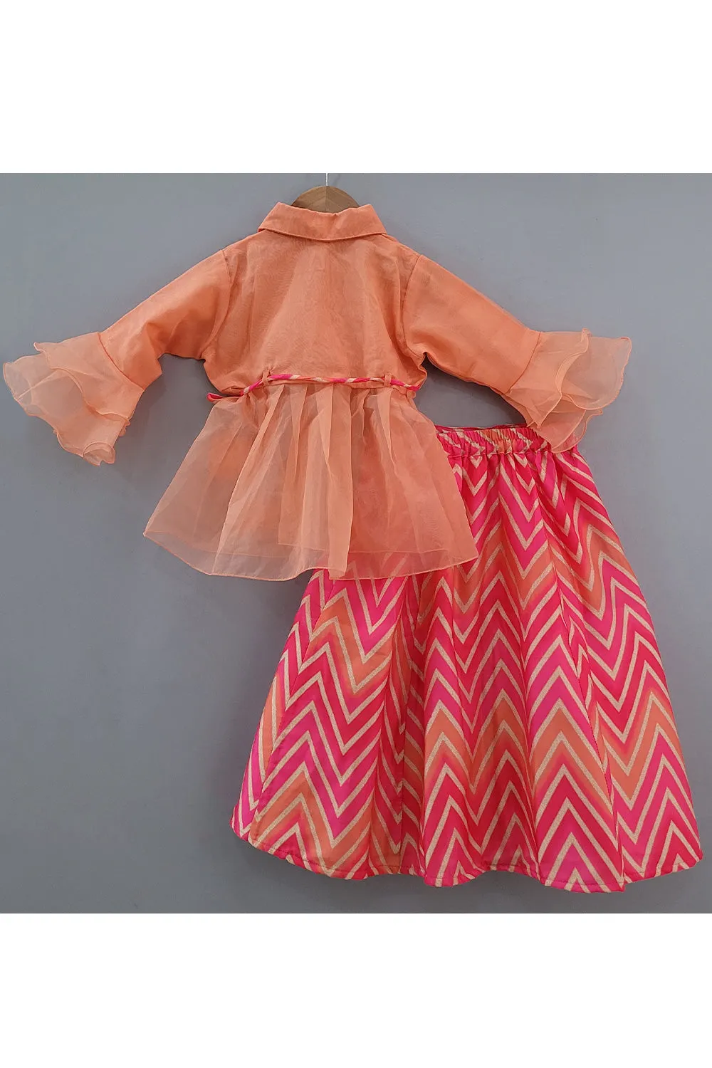 Peach Shirt Style Organza Top With Zigzag Lehenga Set